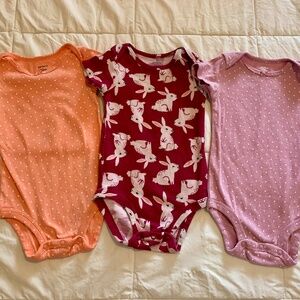 SET of 3: Carter's Easter Bunny, Pink, Orangey Spots One-Piece Bodysuits | 12M